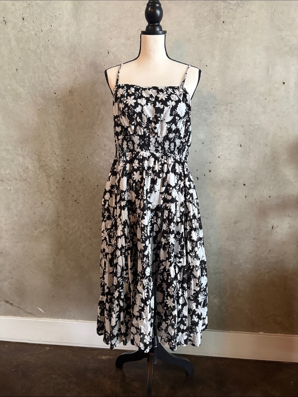 Maurices Black & White Floral Midi Dress with Spaghetti Straps